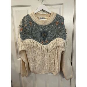 Vintage Nuggets Cream & Blue Fringe Sweater sz L
